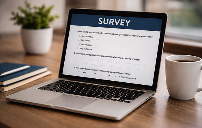 Laptop on desk with a survey on screen
