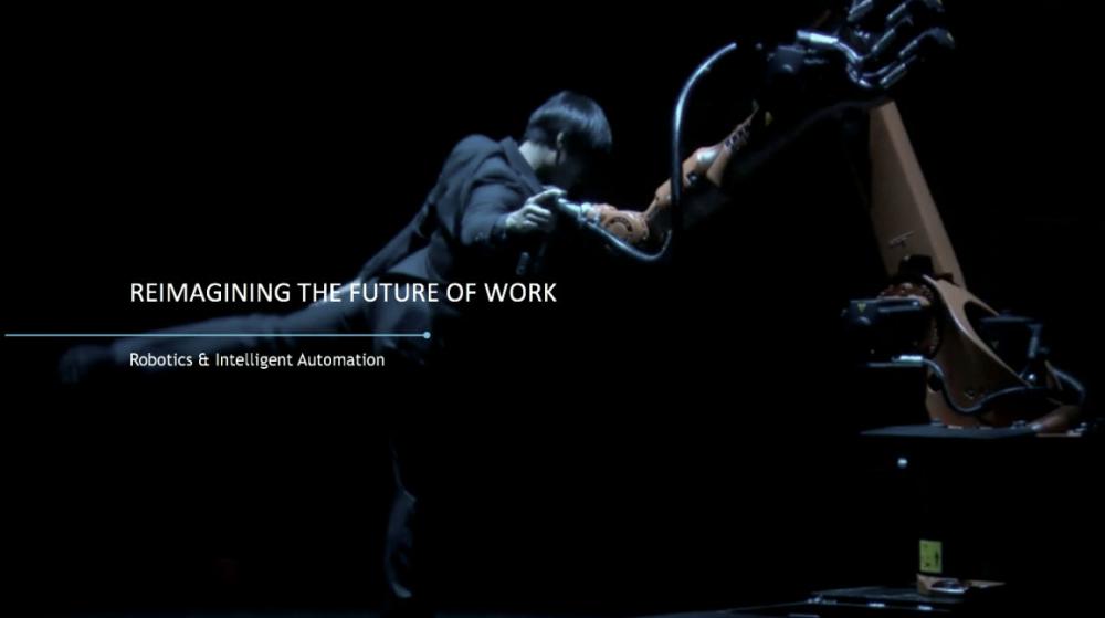 Black abstract title screen with words Reimagining Work