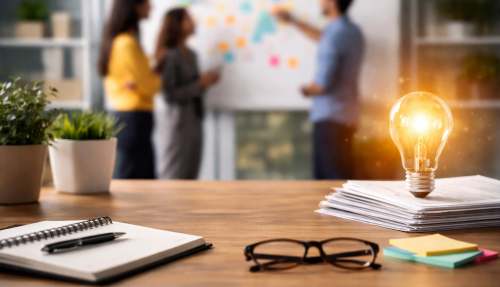 Desk in foreground with team working on whiteboard in the background