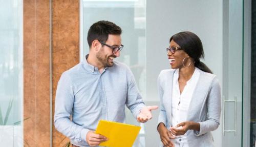 30 something man and woman chatting