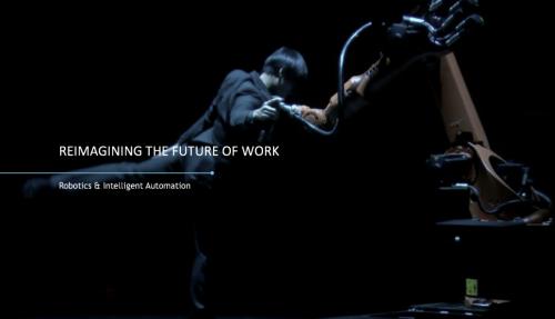 Black abstract title screen with words Reimagining Work