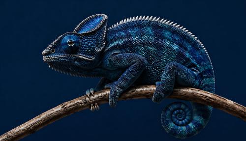 Chameleon on dark blue background blending in