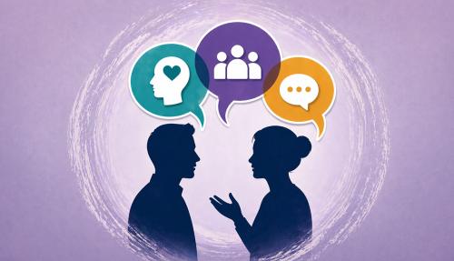 Sketch of man and woman communicating with icons