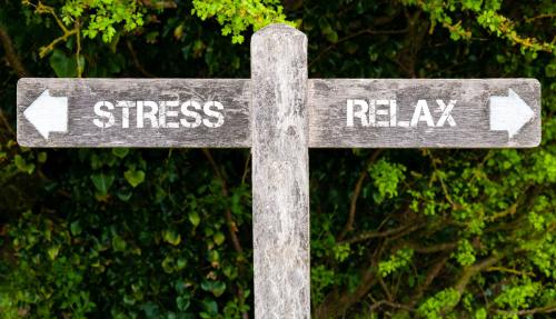 Sign post in forest that says stress (left) and relax (right)