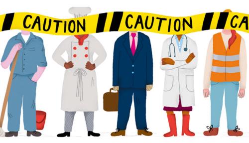 Cartoon figures with caution tape above them